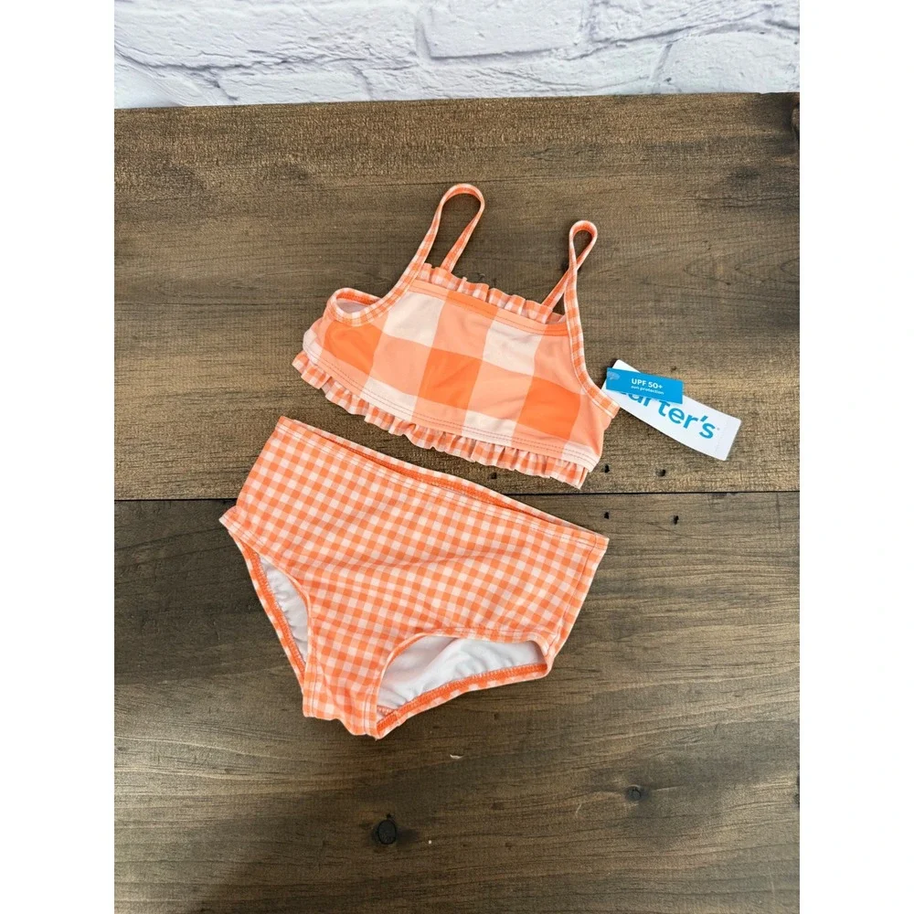 Carters Baby Girl 18M Orange Gingham Ruffle Two Piece Swimsuit UPF 50+ NWT